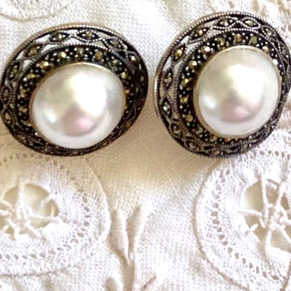 VINTAGE MARCASITE AND PEARL Sterling Earrings